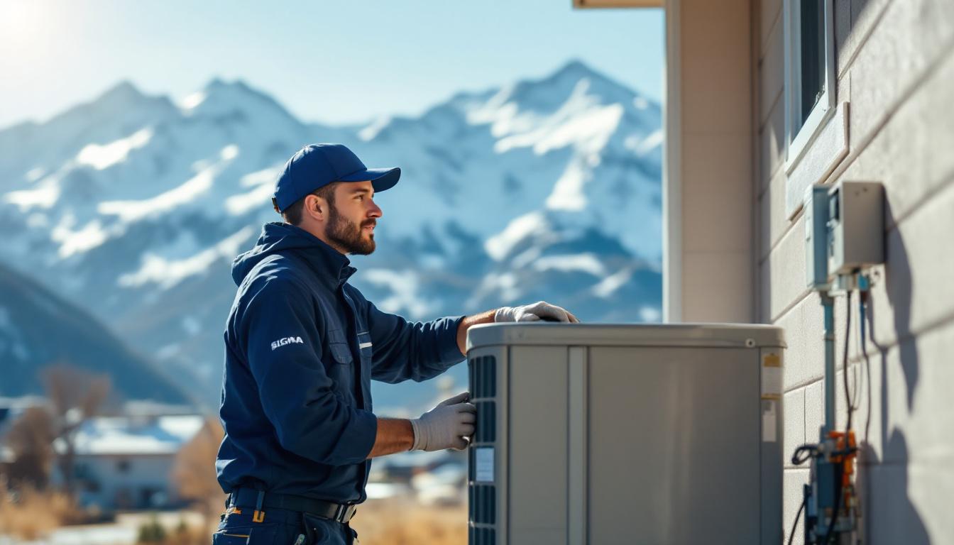 HVAC technician installing a high-efficiency air conditioning condenser at a new-construction Salt Lake City Utah home with the Wasatch mountain range in the background under bright dry-climate sun