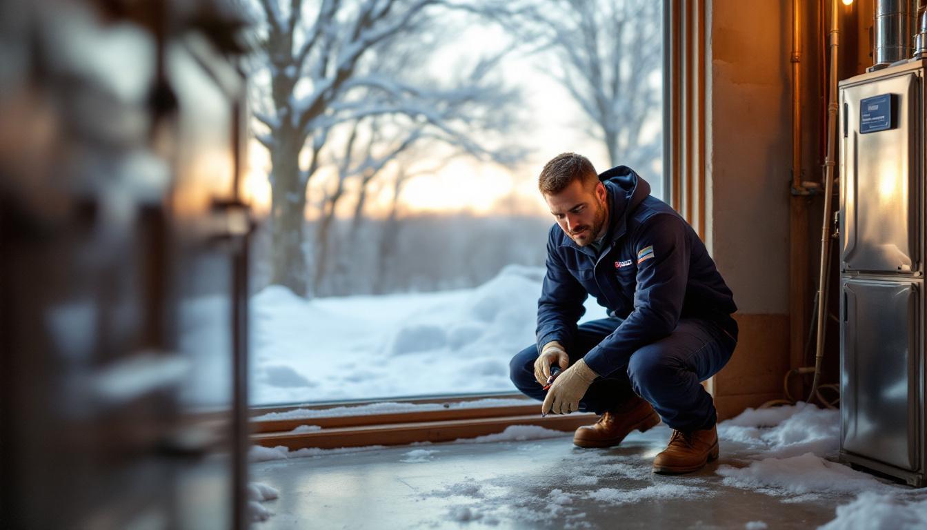 HVAC technician inspecting a high-efficiency furnace in a Wisconsin basement during winter with frozen Lake Michigan visible through window