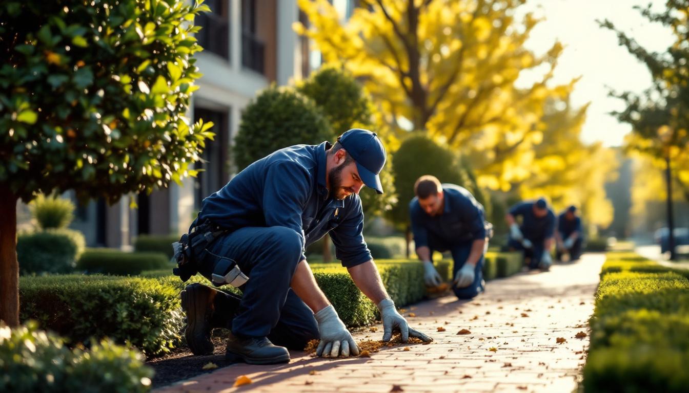 Commercial landscaping crew installing manicured boxwood hedges and brick paver hardscape at a Wilmington Delaware corporate headquarters with mature American beech trees and Brandywine Valley landscape architecture in soft background under bright Mid-Atlantic morning light