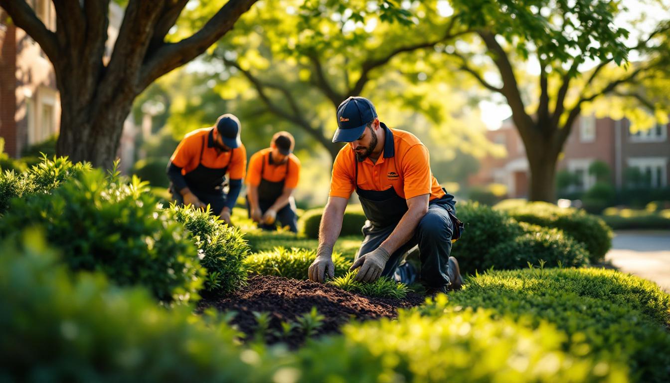 Commercial landscaping crew installing manicured boxwood beds and mulched perennial borders at a Montgomery County Maryland federal-employee residential community with mature oak trees and Beltway suburban architecture in soft background