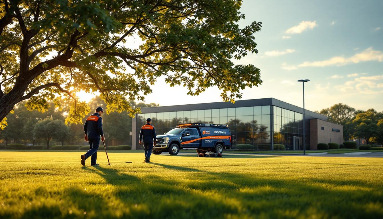 Commercial landscaping crew in branded uniforms maintaining a corporate office park in suburban Oakland County Michigan during golden-hour late-summer light, with mature maples and a mowed turf expanse leading toward a low-rise glass office building