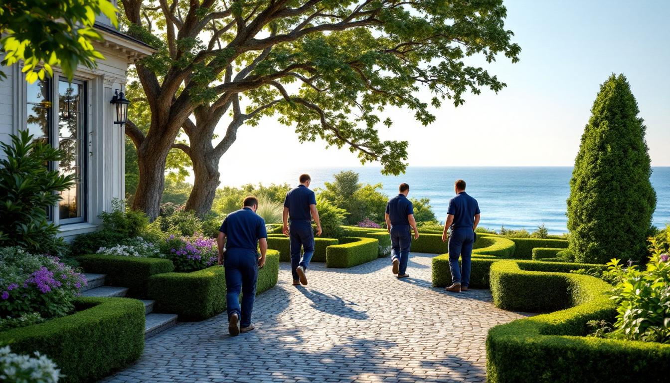 Commercial landscaping crew maintaining a Newport Rhode Island coastal estate with manicured boxwood hedges, granite hardscape, and Atlantic Ocean visible in soft background under bright New England morning light