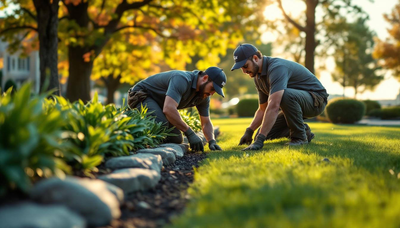 Commercial landscaping crew installing manicured perennial beds and stone-edged turf at a Milwaukee Wisconsin Class A office park with mature oak and maple trees and Lake Michigan visible in soft background under bright Midwestern morning light