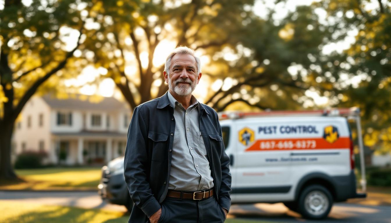 Maryland pest control business owner standing beside a route truck in a Baltimore County suburban neighborhood, mid-morning soft light