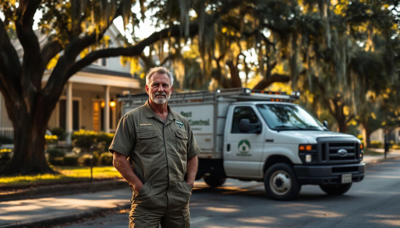 South Carolina pest control business owner standing beside a route truck on a Charleston Lowcountry residential street with live oaks and Spanish moss, mid-morning soft light