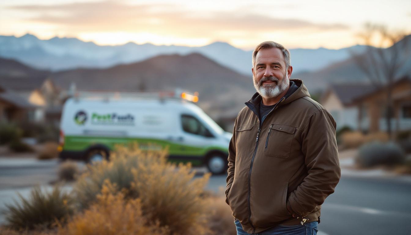 Utah pest control business owner standing beside a route truck in a Wasatch Front suburban neighborhood with mountain backdrop, mid-morning soft light