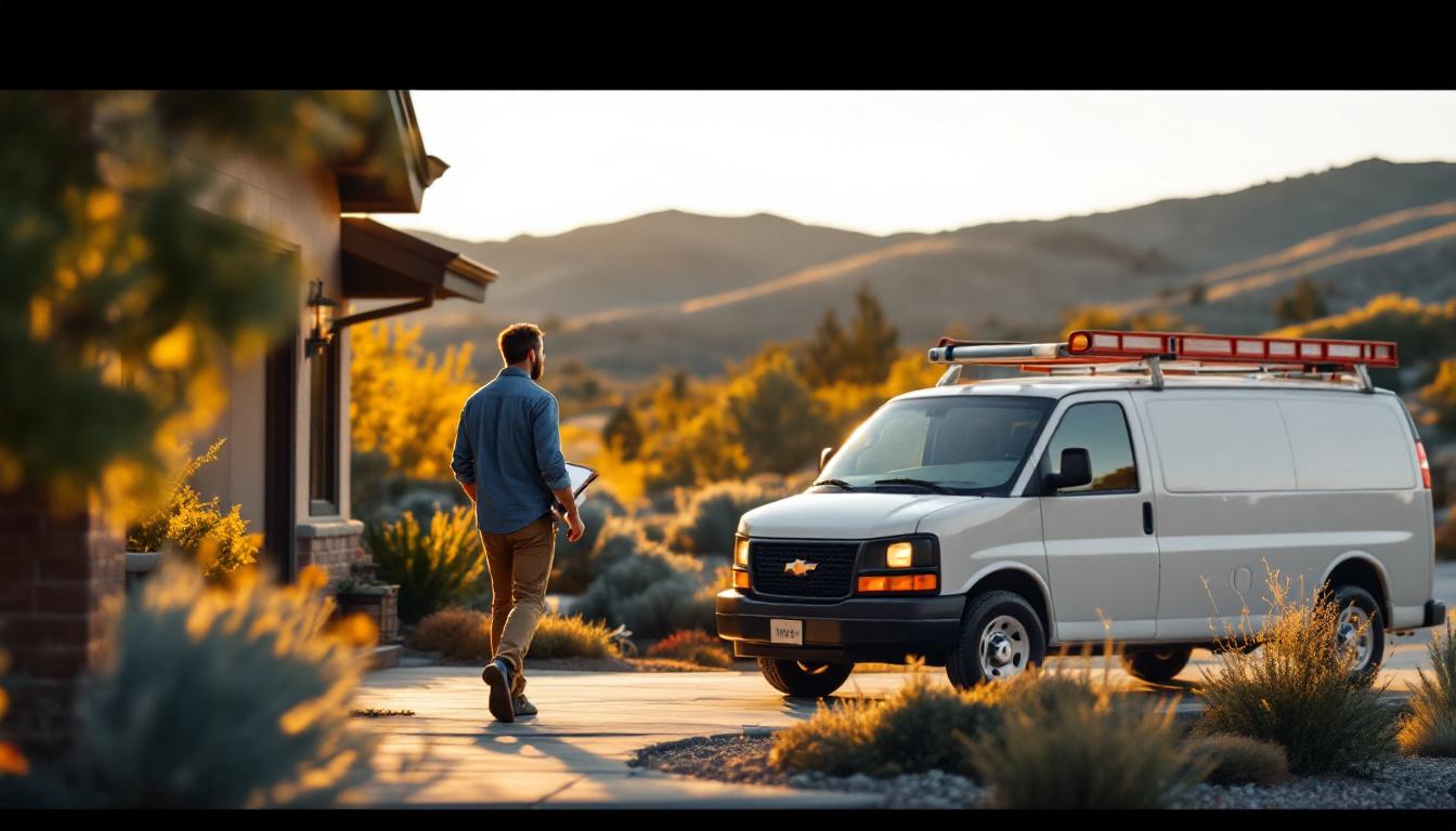 Plumbing service van parked outside a new-construction Idaho home in the Boise foothills, owner inspecting a work order, photorealistic editorial photography