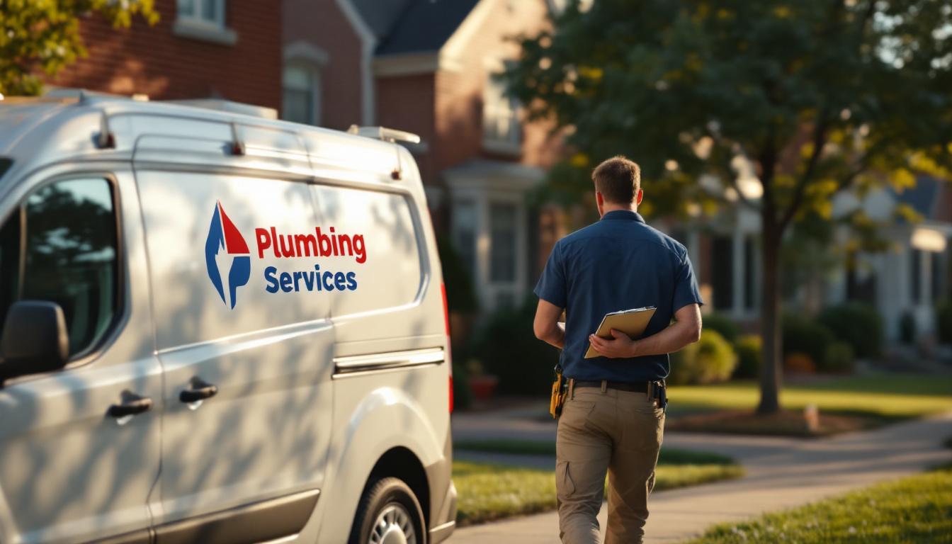 Plumbing service van parked outside a Maryland row-house in Baltimore, owner inspecting a work order, photorealistic editorial photography