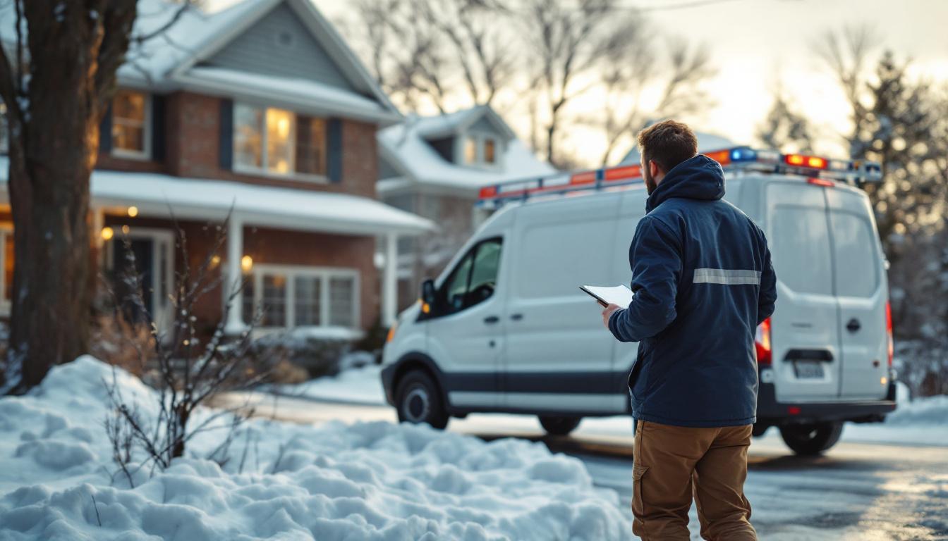 Plumbing service van parked outside a Minnesota home in winter, owner inspecting a frozen-pipe call sheet, photorealistic editorial photography