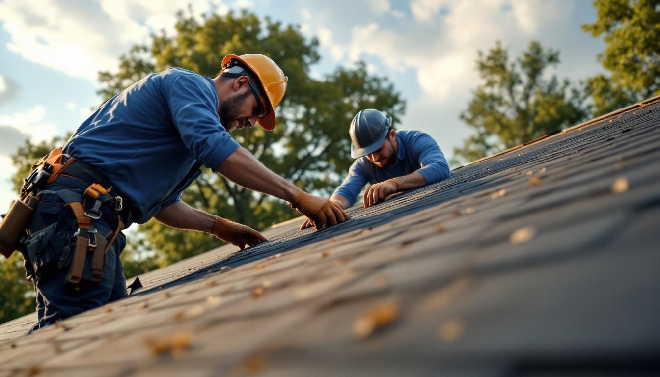 Two roofers tearing off and replacing architectural asphalt shingles on an Indianapolis suburban home with a partly cloudy Midwestern sky