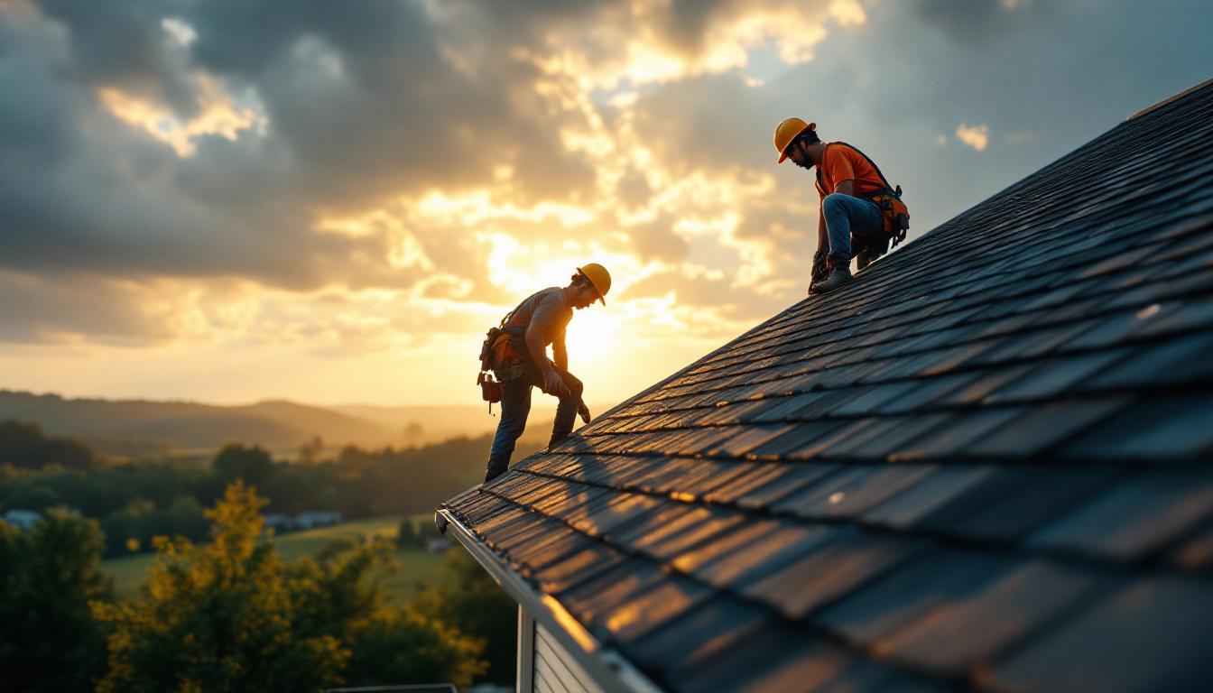 Two roofers installing architectural asphalt shingles on a Kentucky home with rolling green hills in the background under a clearing storm sky