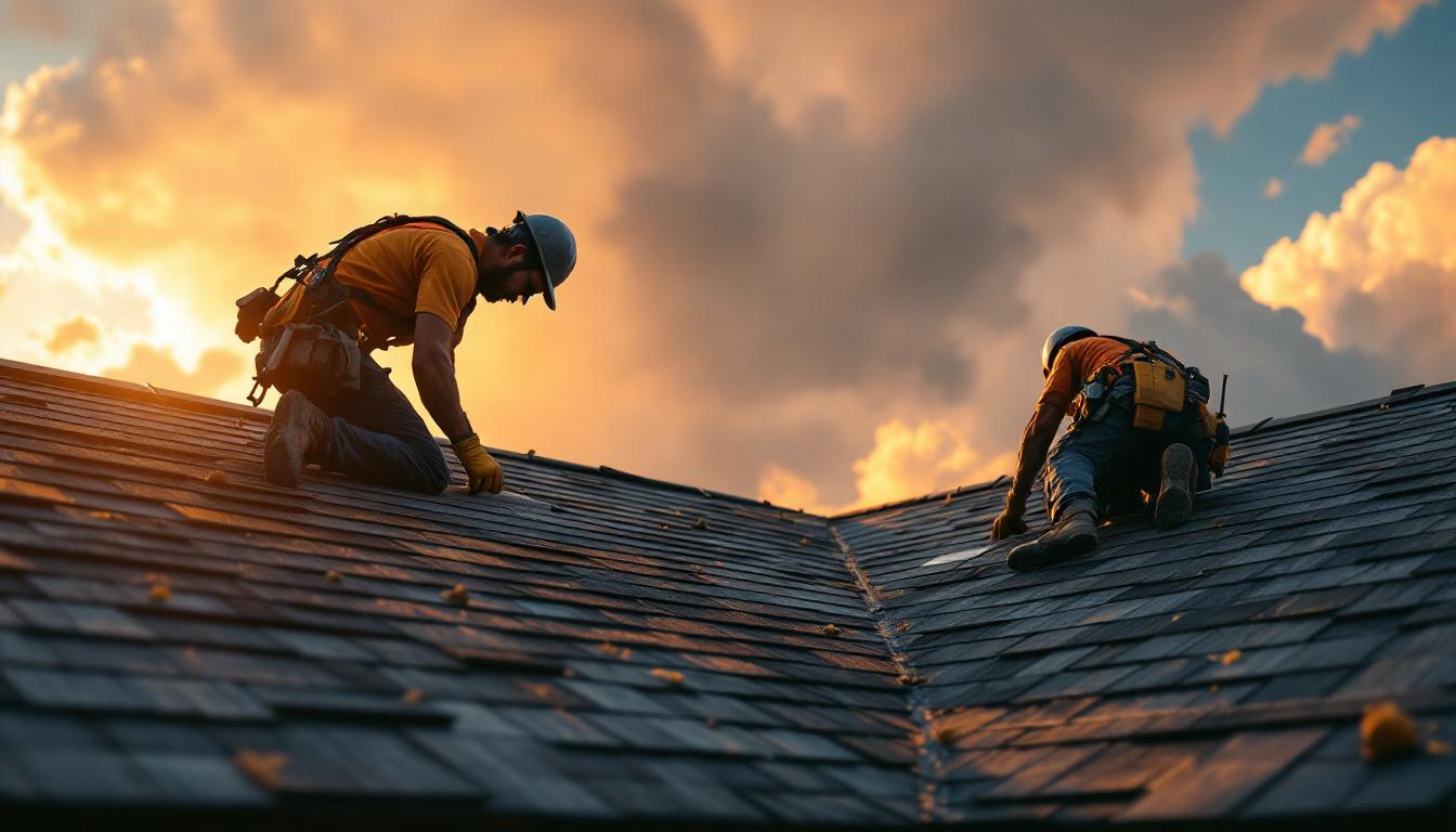 Two roofers installing impact-resistant Class 4 shingles on an Oklahoma City home with a dramatic prairie storm cell building on the horizon