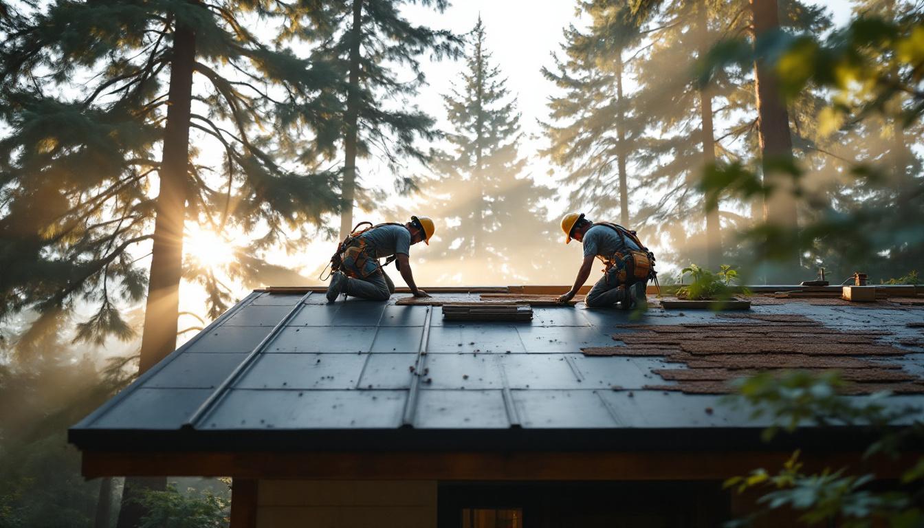 Two roofers installing standing-seam metal roofing on a Pacific Northwest craftsman home with Douglas firs and a misty Oregon backdrop