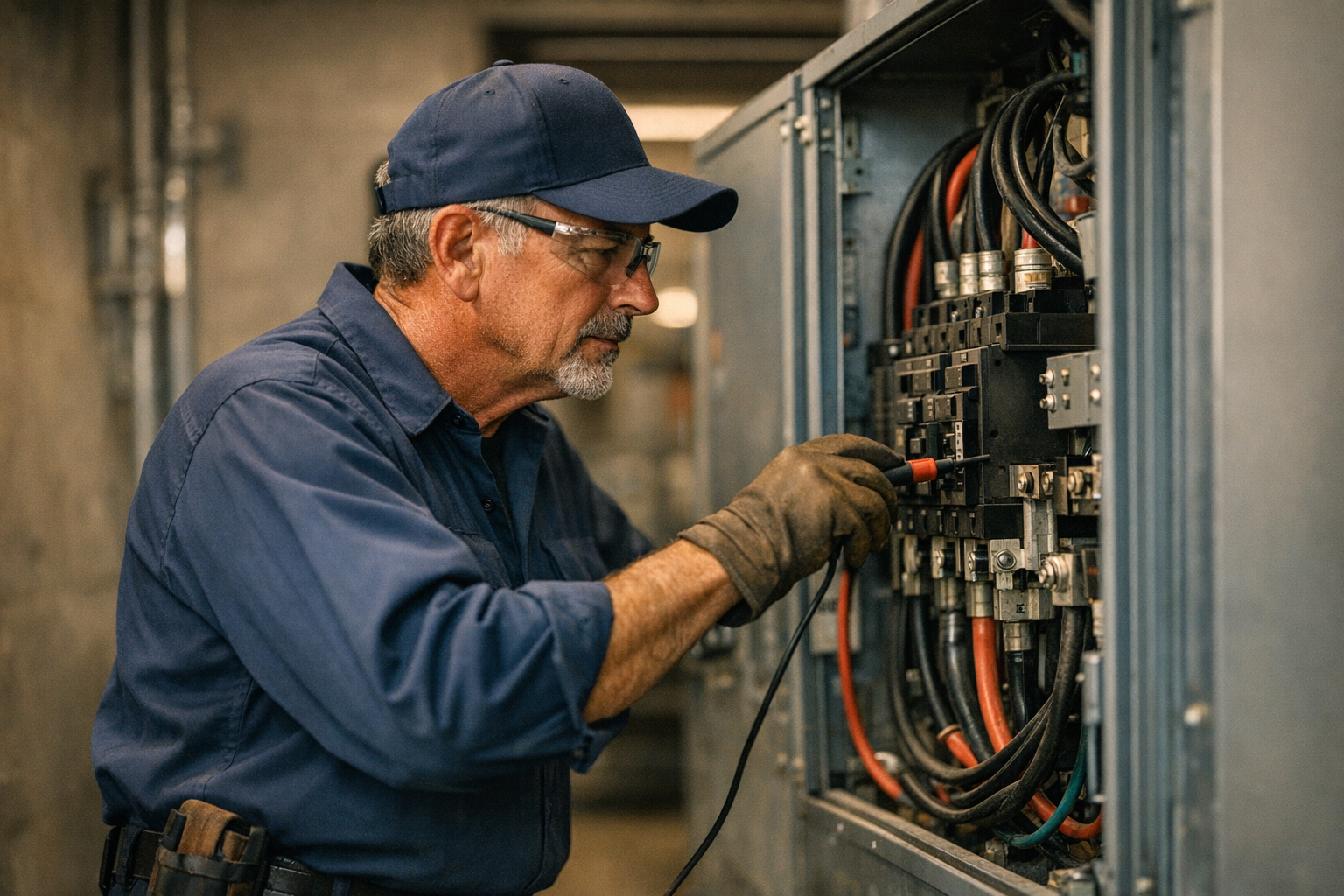Arizona electrical contractor in clean uniform inspecting a commercial main distribution panel inside a Phoenix-area facility under bright daylight