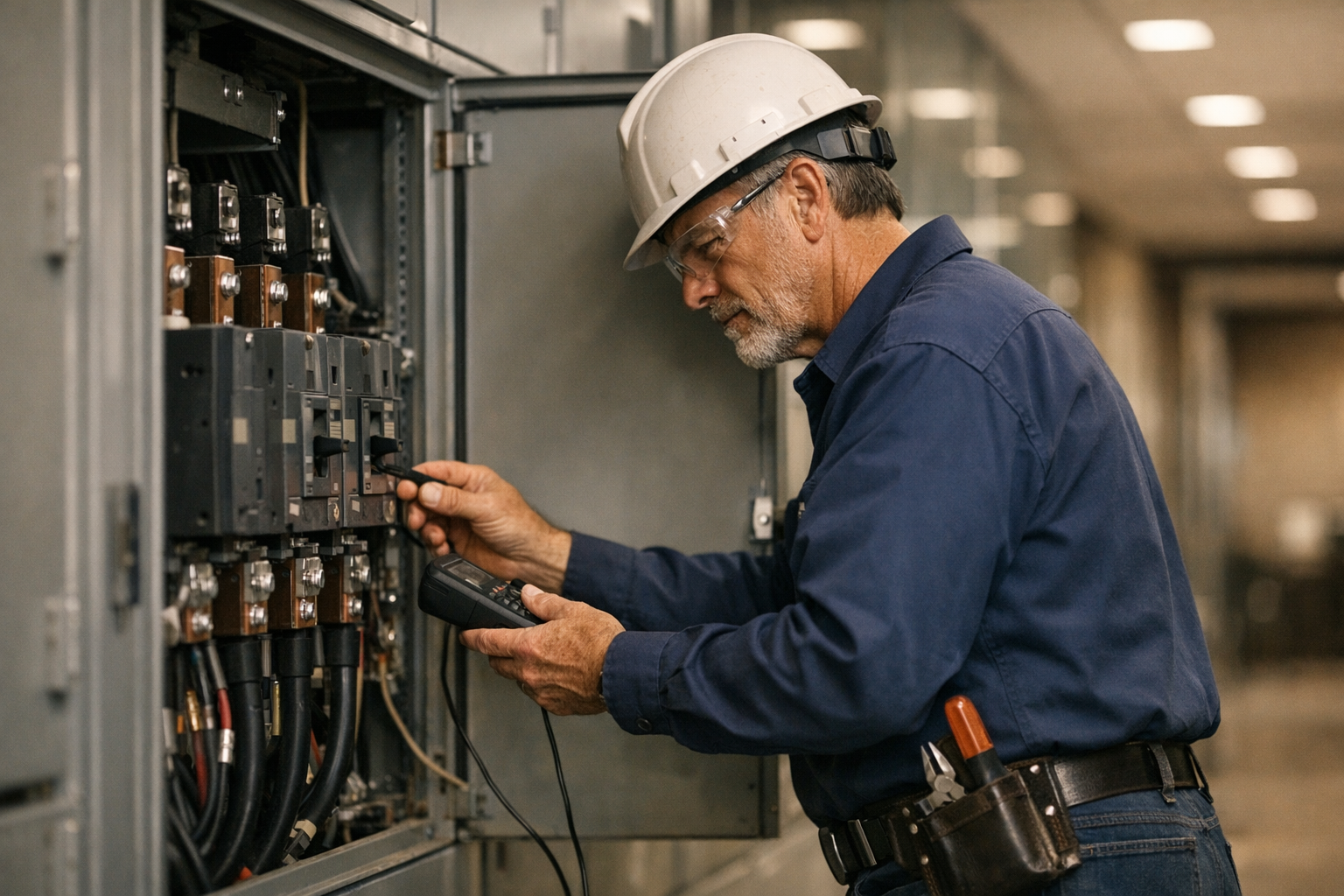 California electrical contractor in clean uniform inspecting a commercial switchgear room in a modern office building under bright daylight