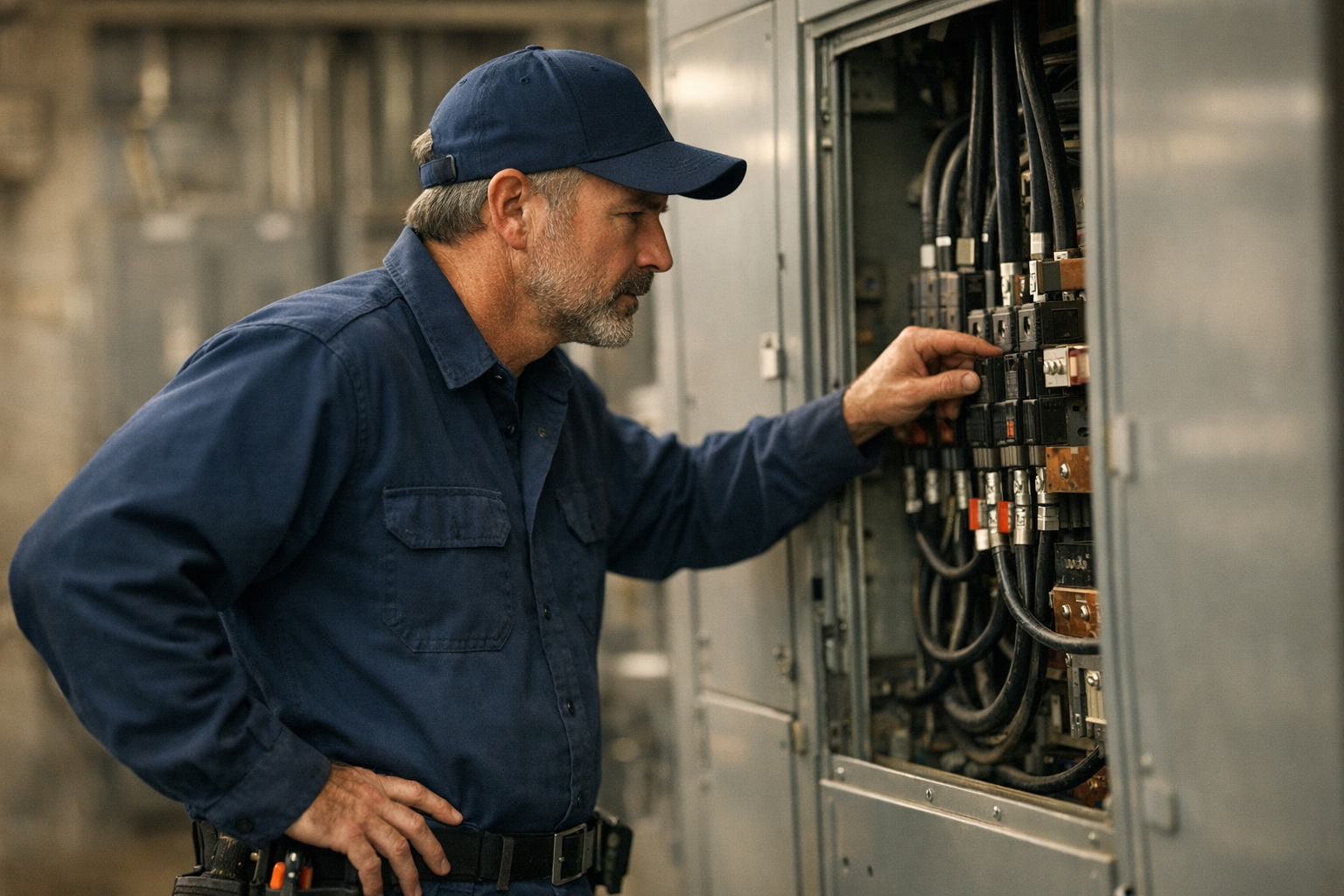 Colorado electrical contractor in clean uniform inspecting a commercial main switchboard inside a Denver-area facility under bright daylight