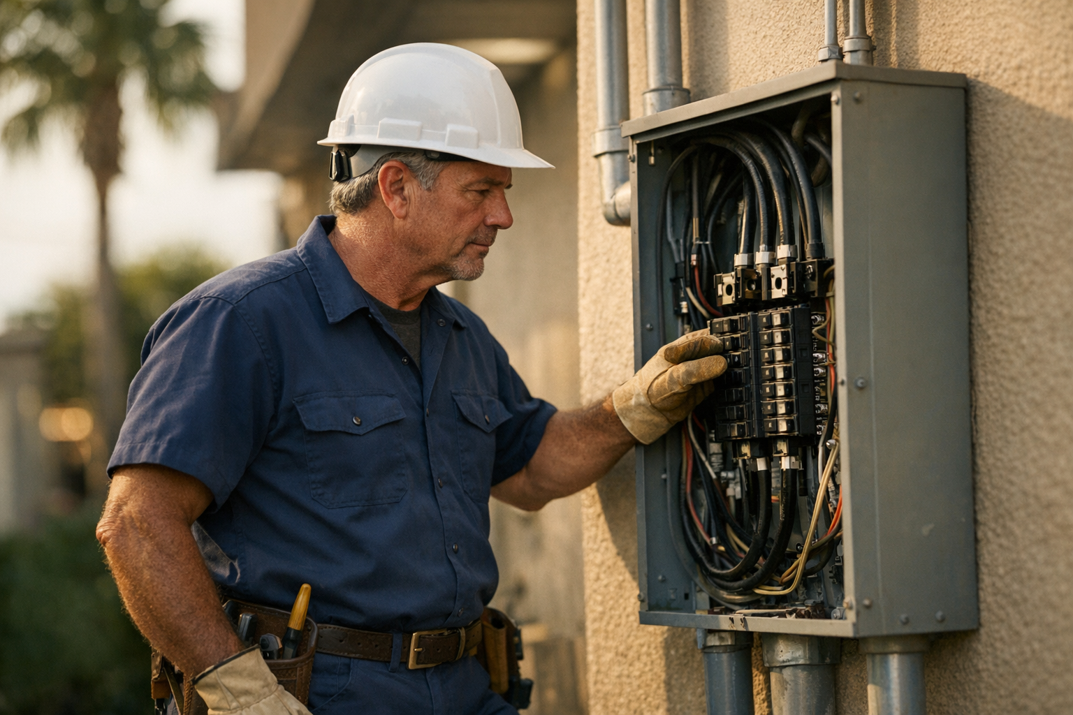 Florida electrical contractor in clean uniform inspecting an exterior service entrance panel on a commercial building under bright daylight