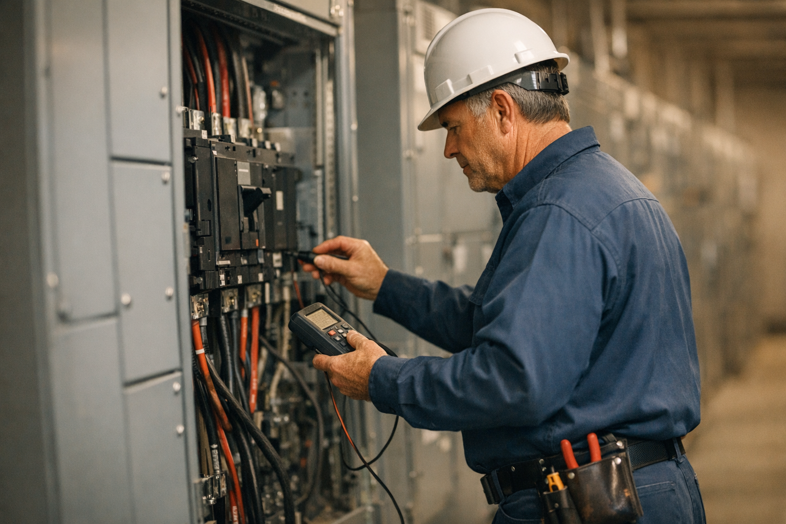 Georgia electrical contractor in clean uniform inspecting a commercial main switchboard inside an Atlanta-area facility under bright daylight