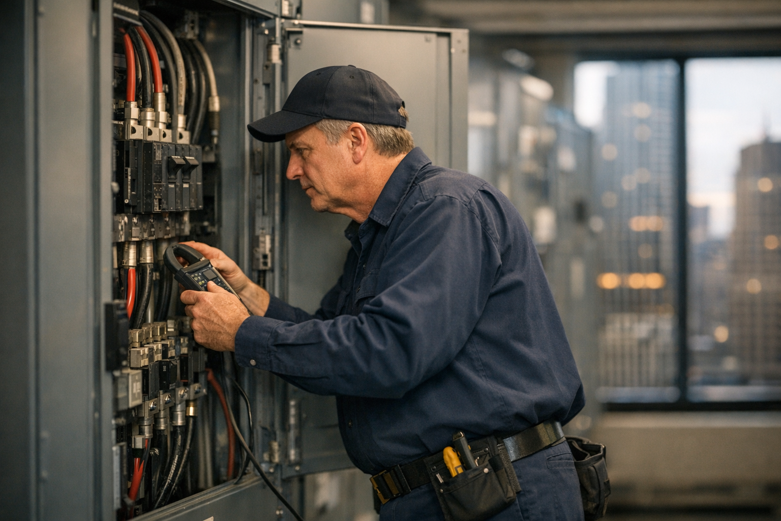 Illinois electrical contractor in clean uniform inspecting a commercial main switchboard inside a Chicago Loop high-rise under bright daylight