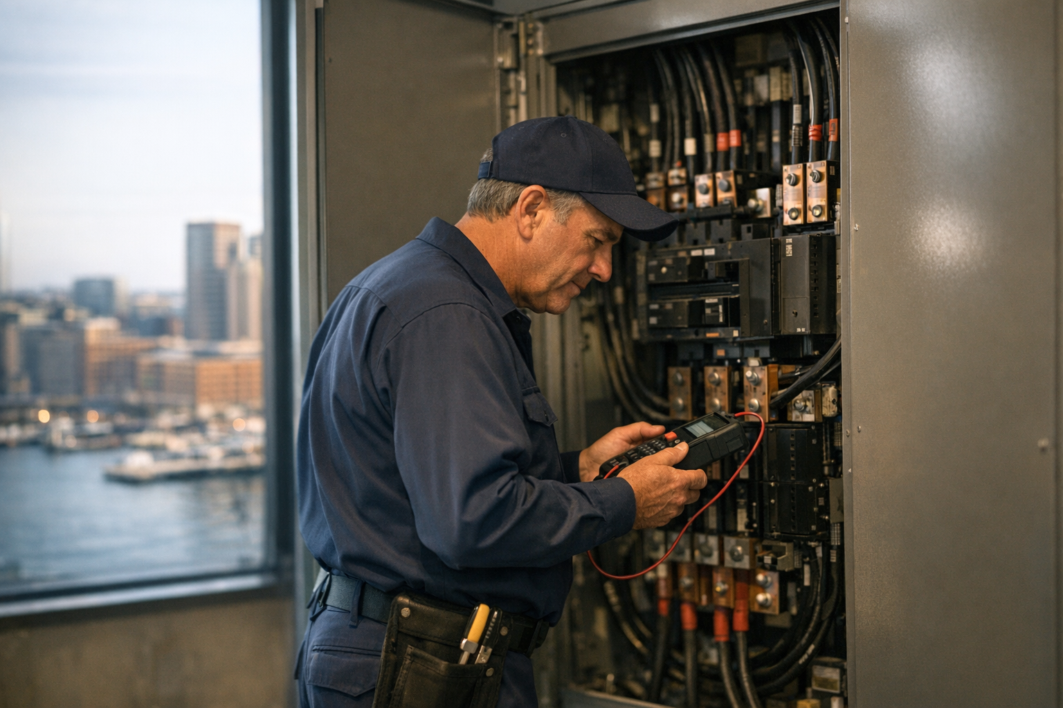 Massachusetts electrical contractor in clean uniform inspecting a commercial main switchboard inside a Boston Seaport District high-rise under bright daylight