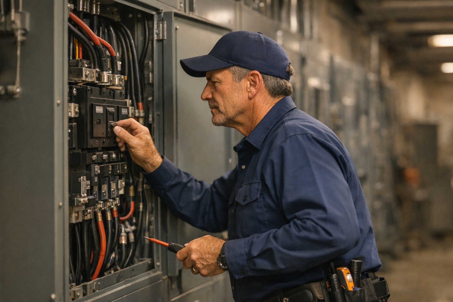 Nevada electrical contractor in clean uniform inspecting a commercial main switchboard inside a Las Vegas Strip casino facility under bright daylight