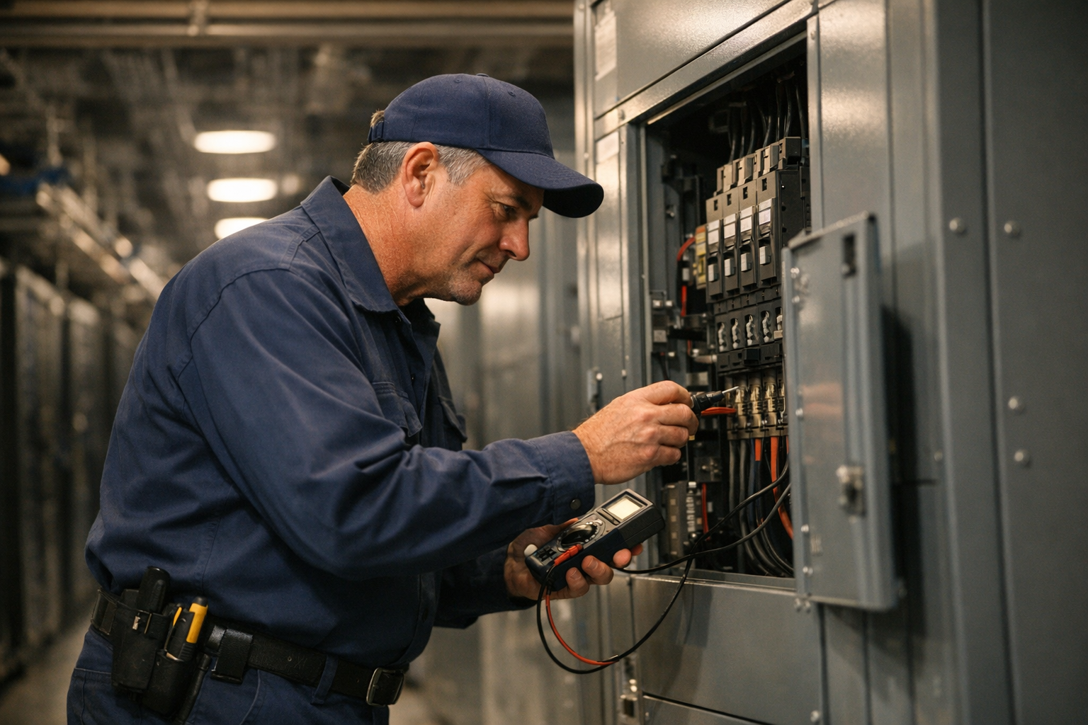 New Jersey electrical contractor in clean uniform inspecting a commercial main switchboard inside a Northern New Jersey suburban data center facility under bright daylight