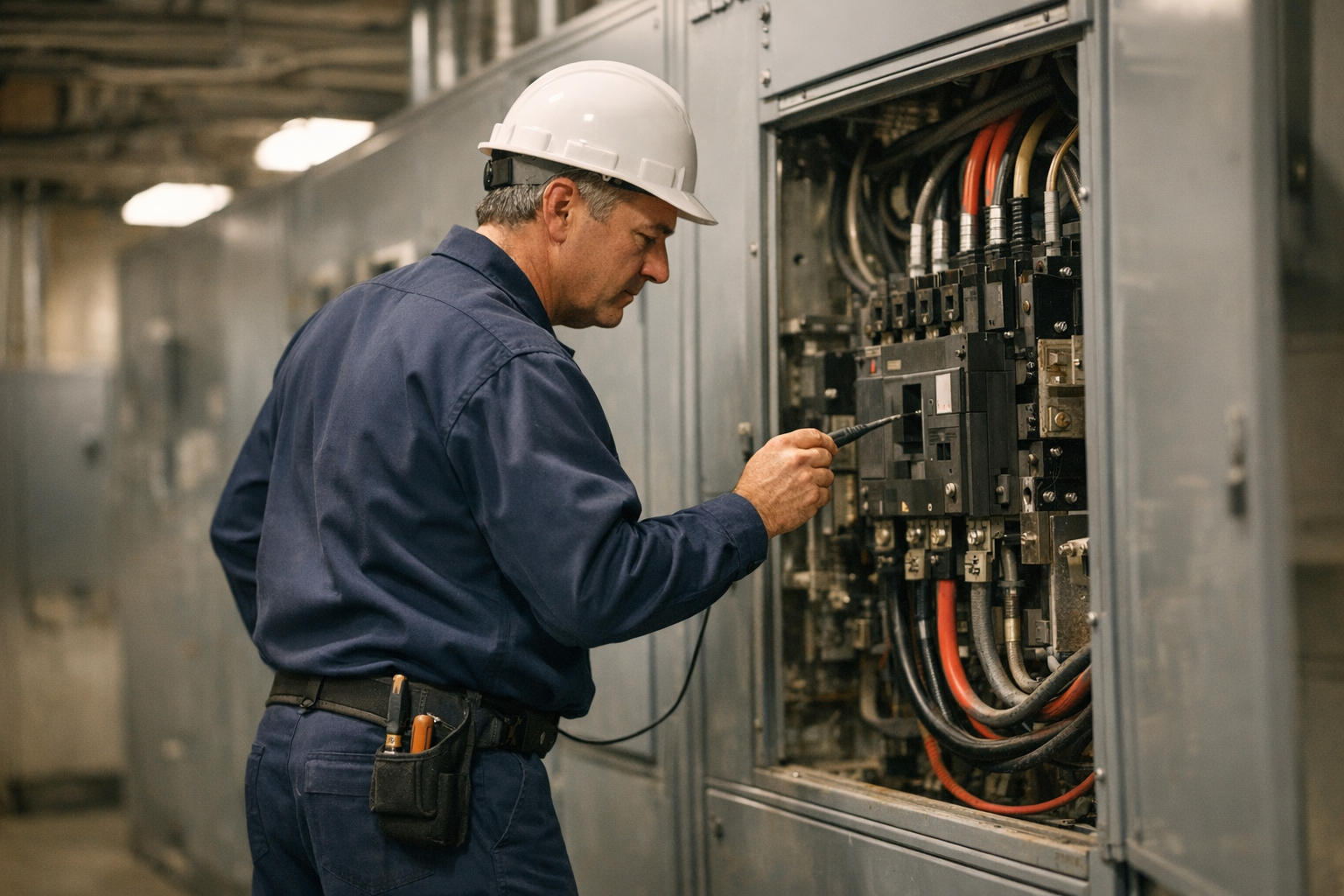 New York electrical contractor in clean uniform inspecting a commercial service entrance switchboard inside a Manhattan building under bright daylight