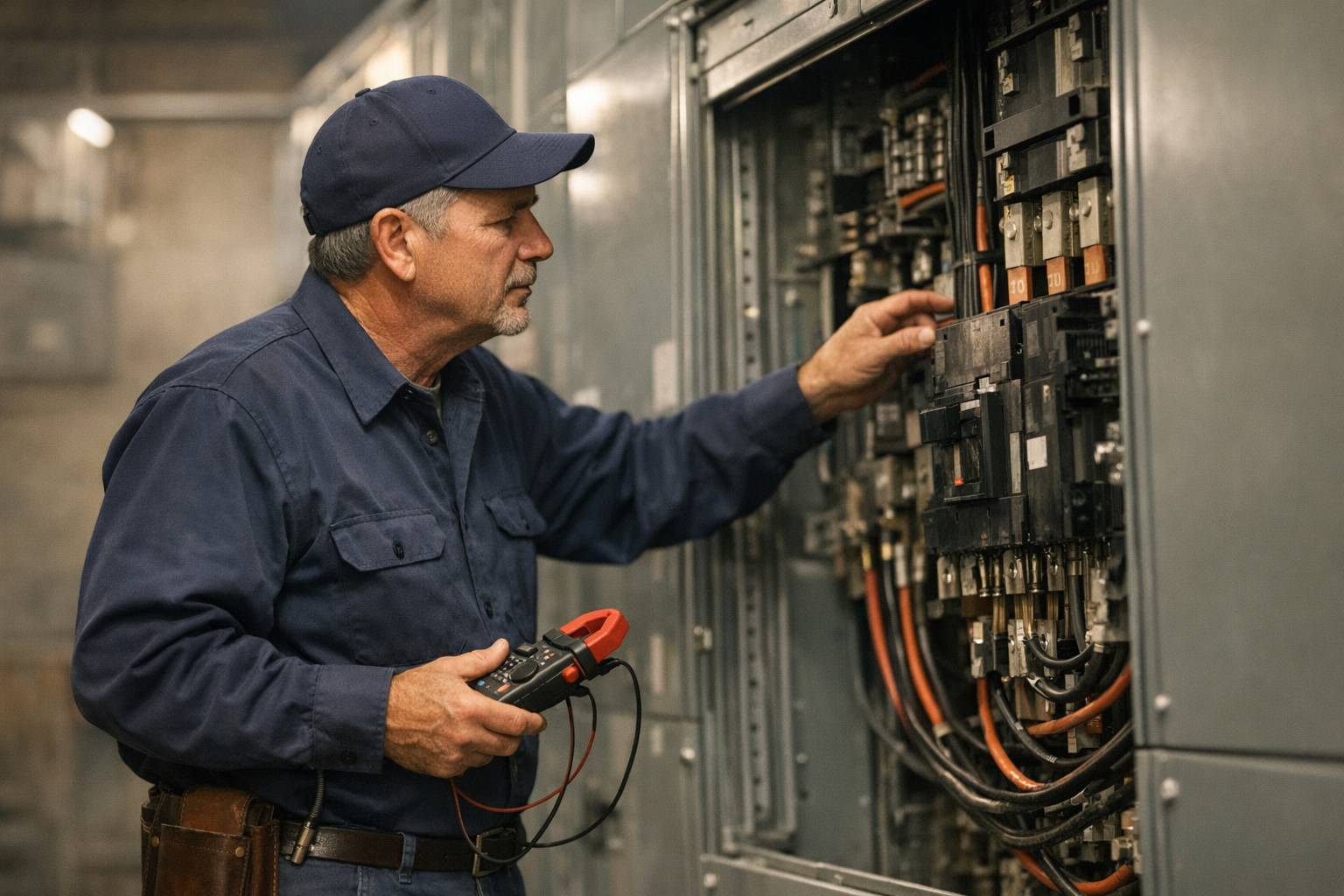 North Carolina electrical contractor in clean uniform inspecting a commercial main switchboard inside a Charlotte-area facility under bright daylight