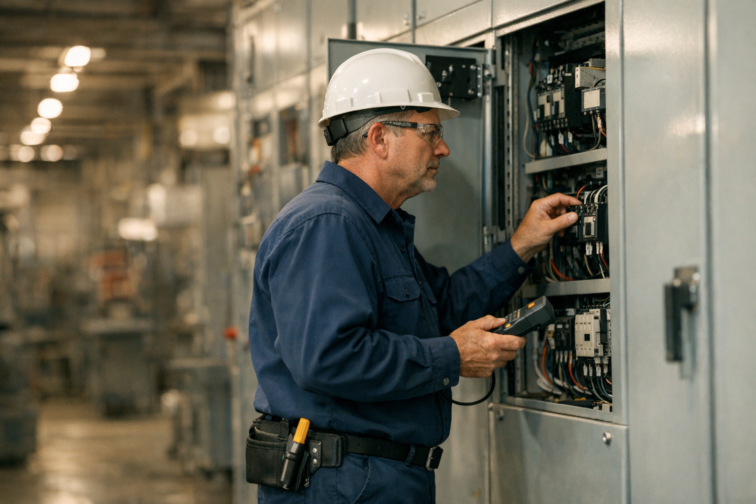 Ohio electrical contractor in clean uniform inspecting an industrial motor control center inside a Cleveland-area manufacturing facility under bright daylight
