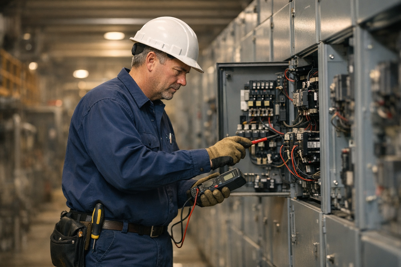 Pennsylvania electrical contractor in clean uniform inspecting an industrial motor control center inside a Pittsburgh-area manufacturing facility under bright daylight