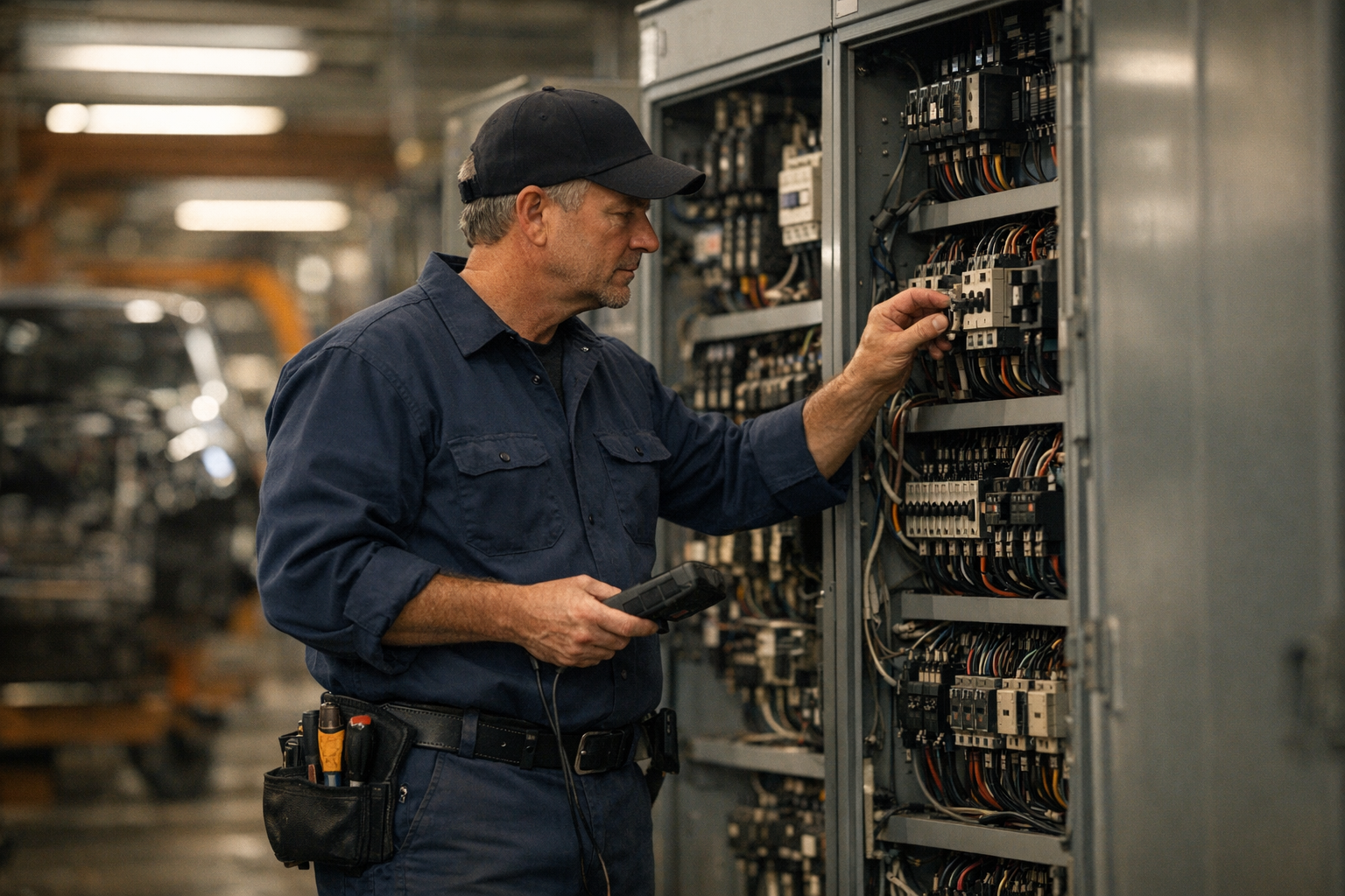 Tennessee electrical contractor in clean uniform inspecting an industrial motor control center inside a Nashville-area automotive facility under bright daylight