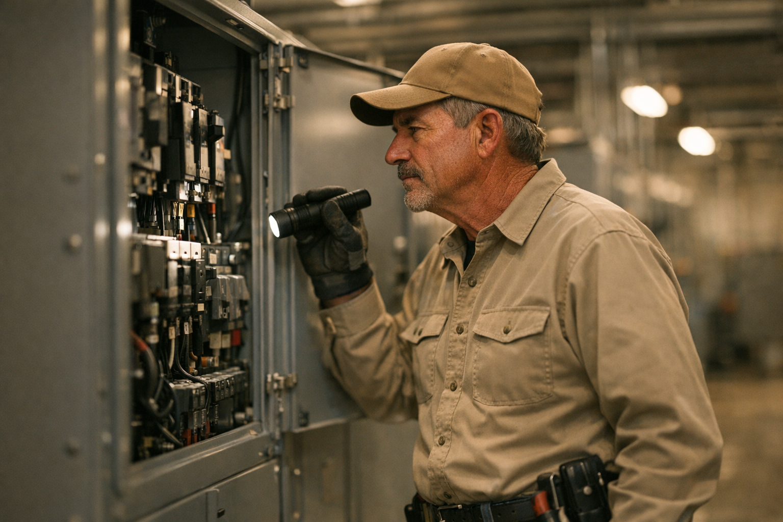 Texas electrical contractor in clean uniform inspecting an industrial switchgear panel inside a commercial facility under bright daylight