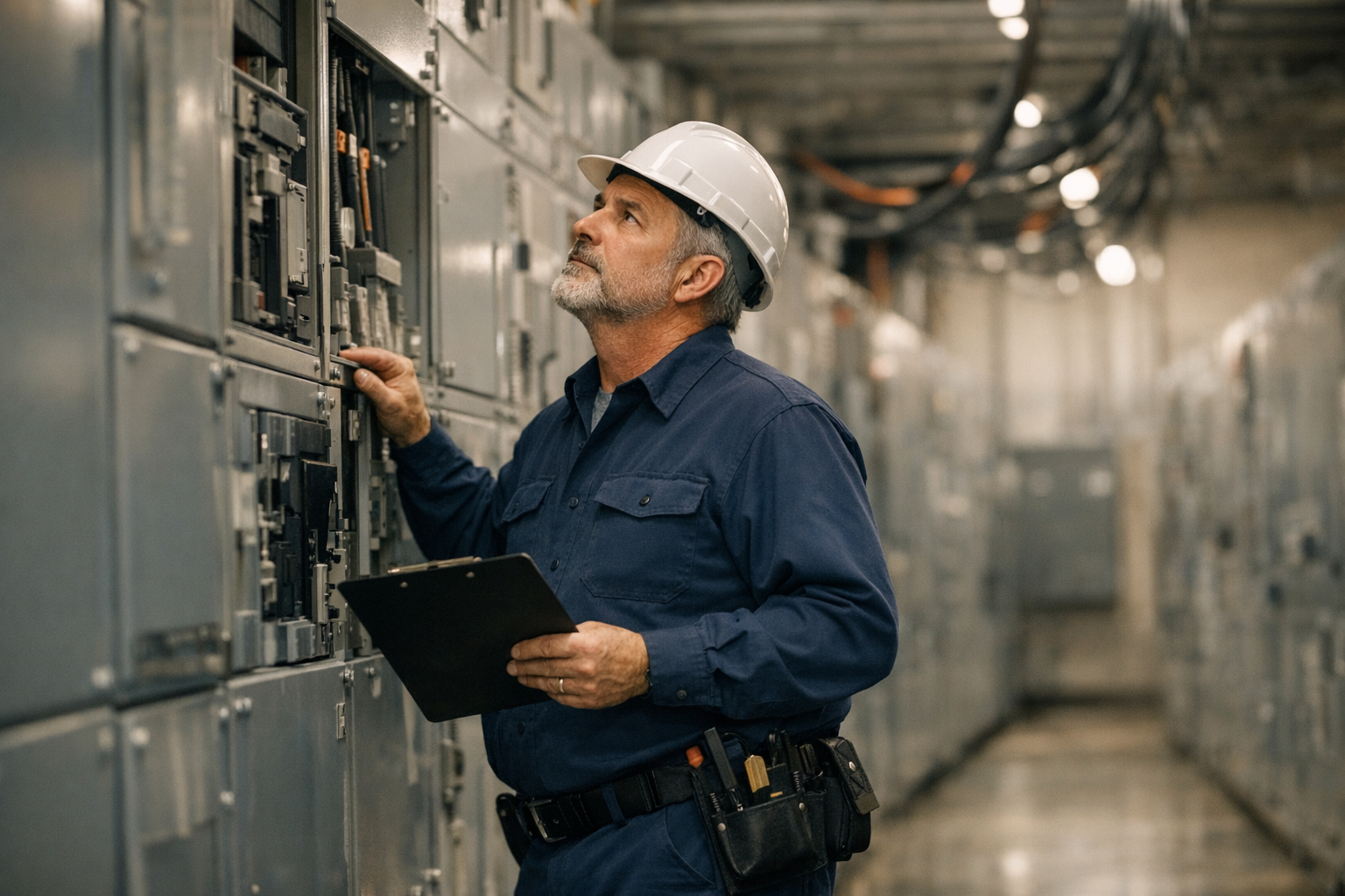 Virginia electrical contractor in clean uniform inspecting a high-voltage switchgear room inside a Northern Virginia data center facility under bright daylight