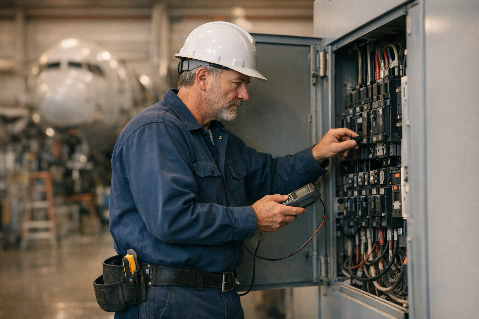 Washington electrical contractor in clean uniform inspecting an industrial main switchboard inside a Seattle-area Boeing facility under bright daylight