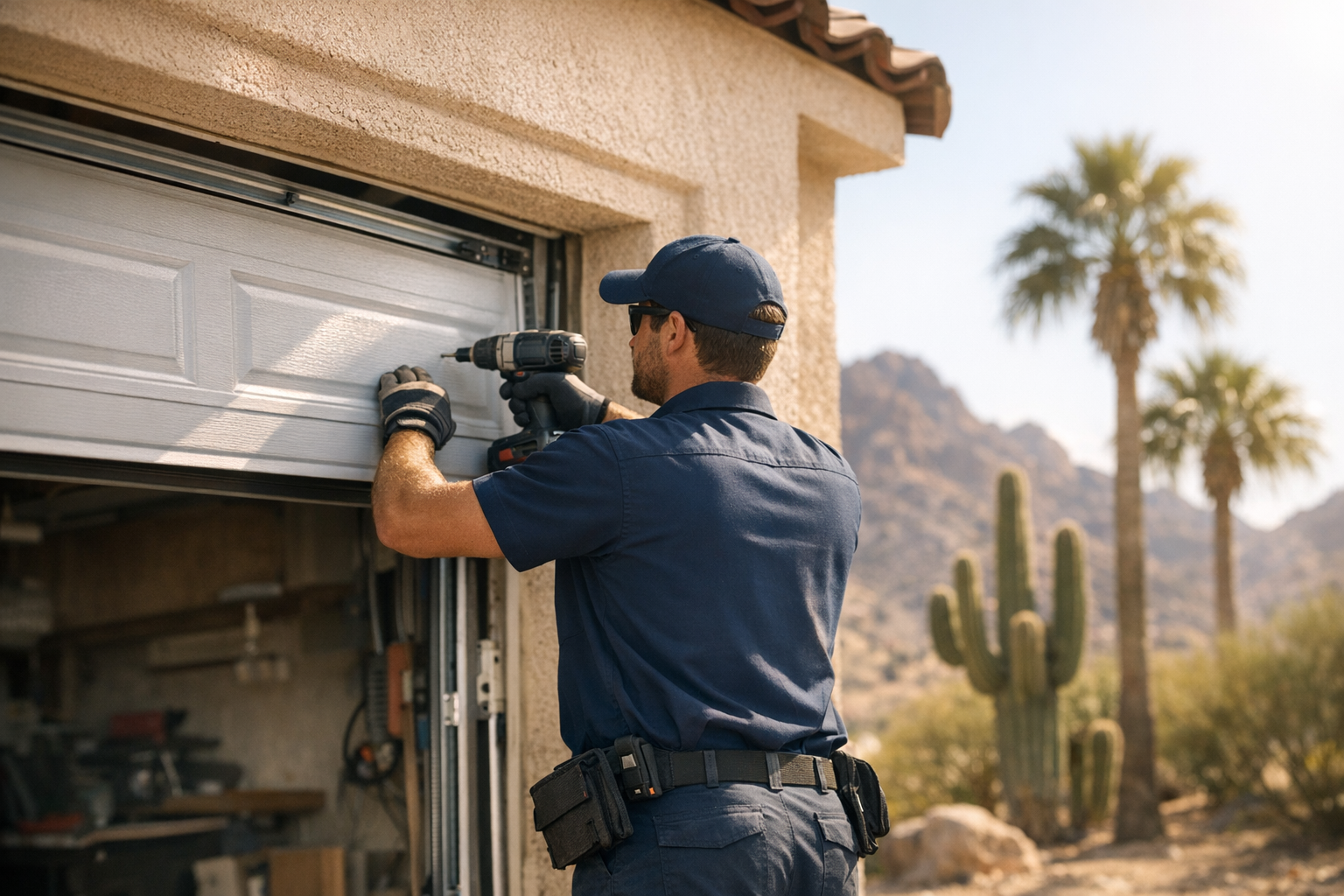 Garage door technician installing a new residential garage door on a stucco home in Phoenix Arizona under bright desert sun