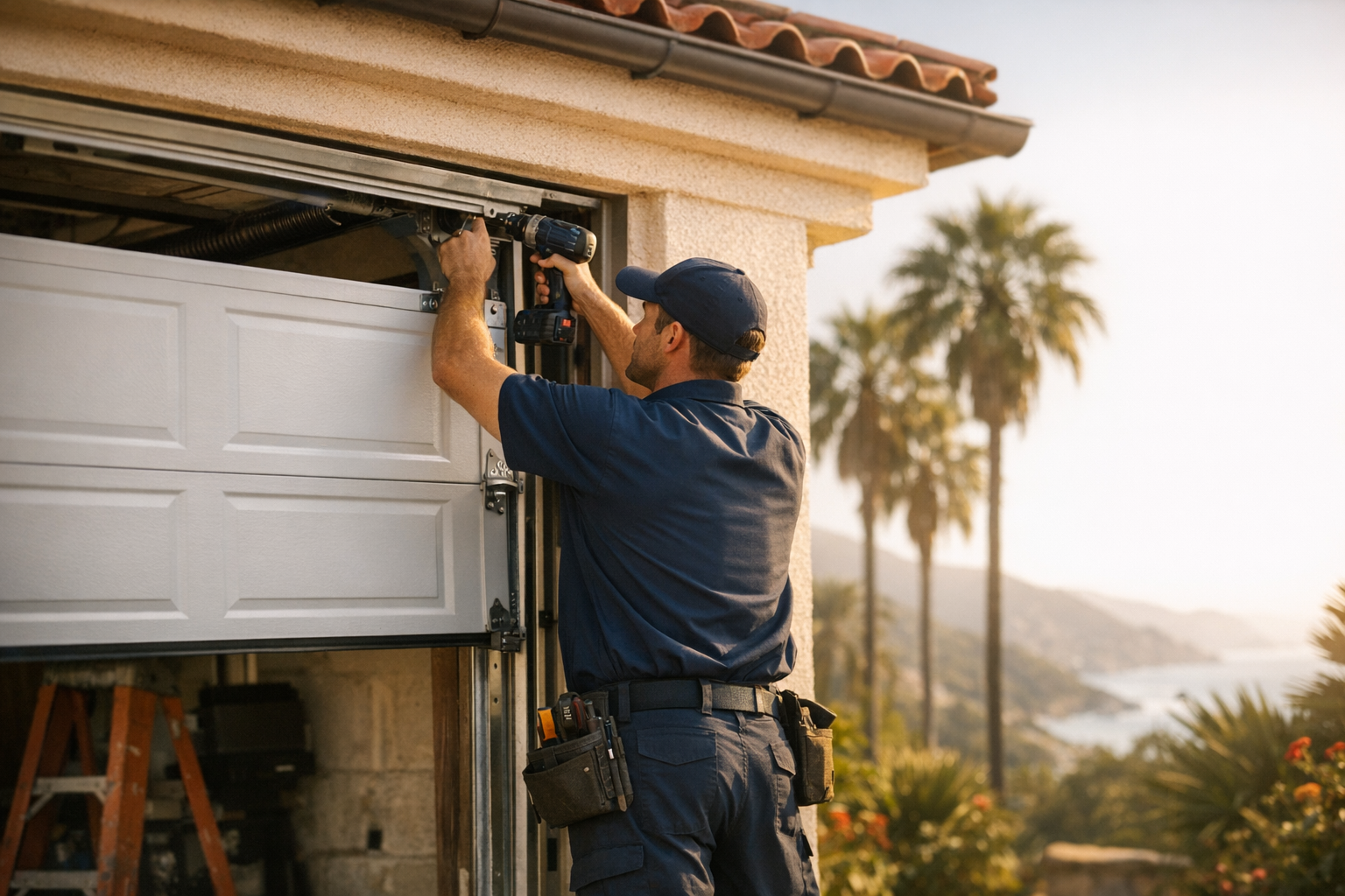 Garage door technician installing a sectional residential garage door on a California Spanish-style home with palm trees and Pacific coastal hills in the background