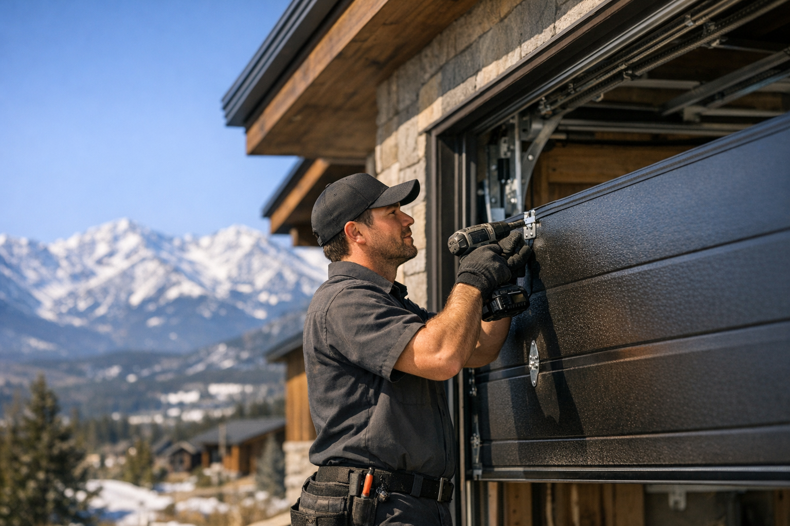 Garage door technician installing a new residential garage door on a Denver Colorado mountain-style home with snow-capped Rockies in the background