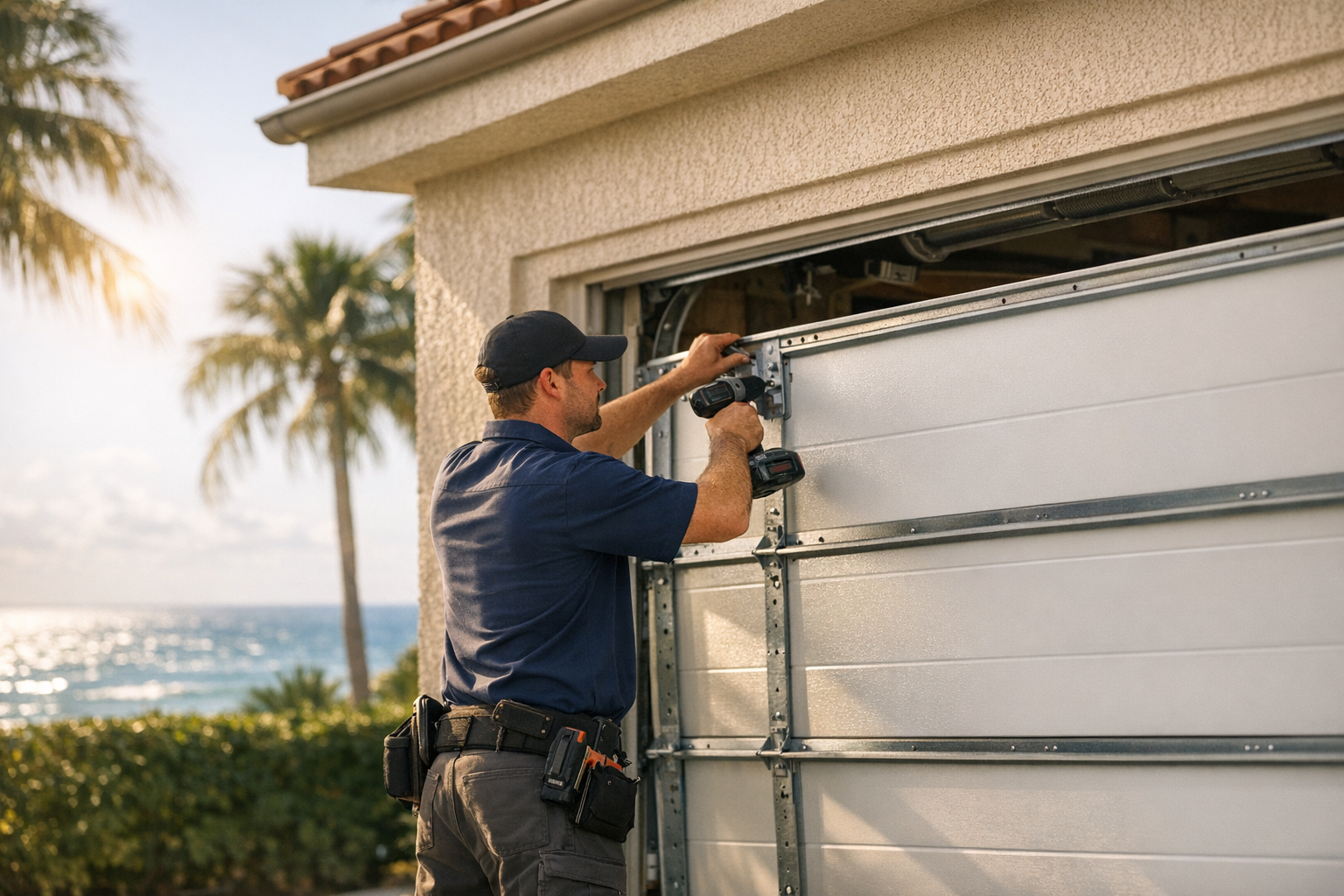 Garage door technician installing a hurricane-rated impact garage door on a Florida coastal home with palm trees and ocean breeze