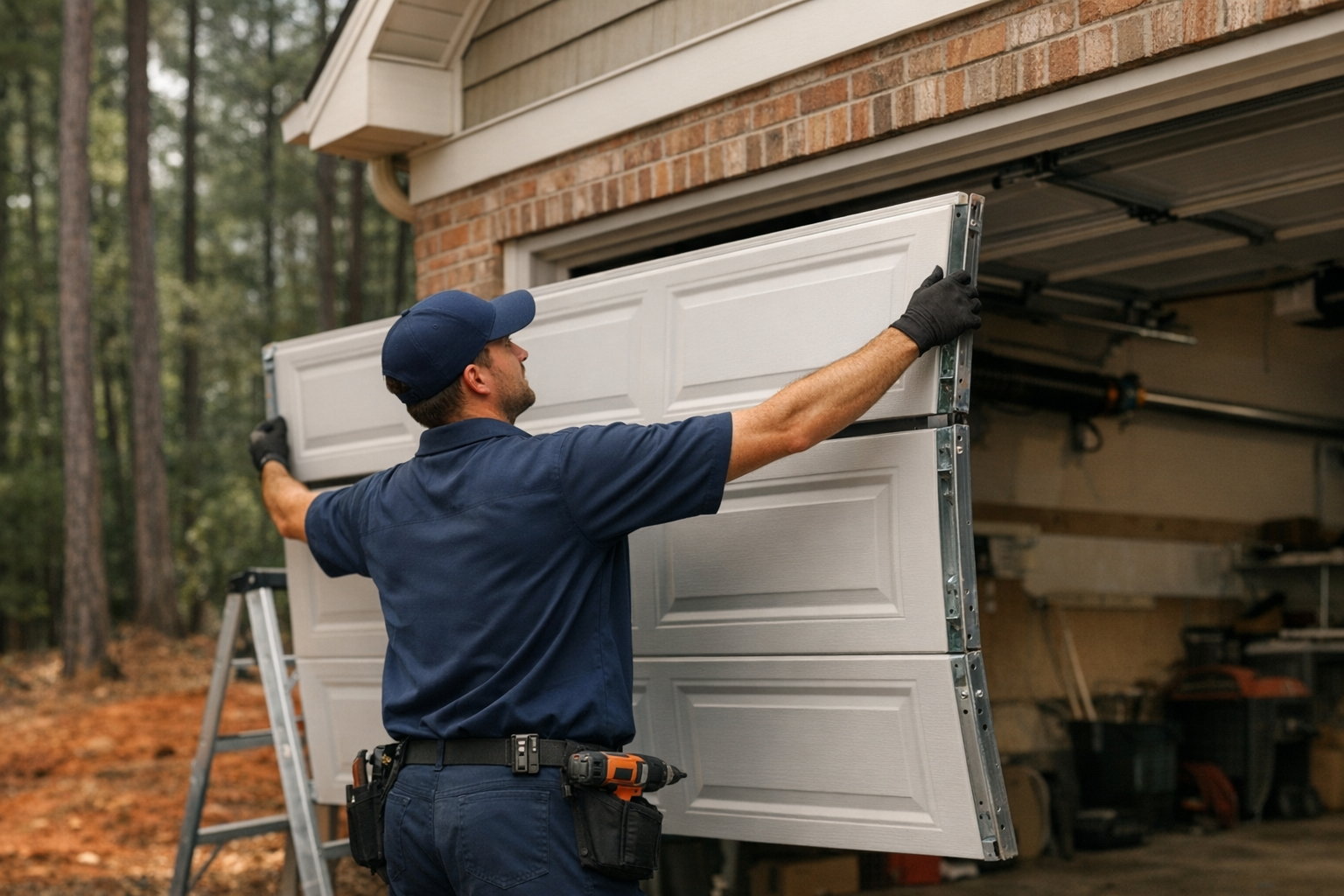 Garage door technician installing a new residential garage door on a Georgia brick home with mature pine trees and red clay landscape