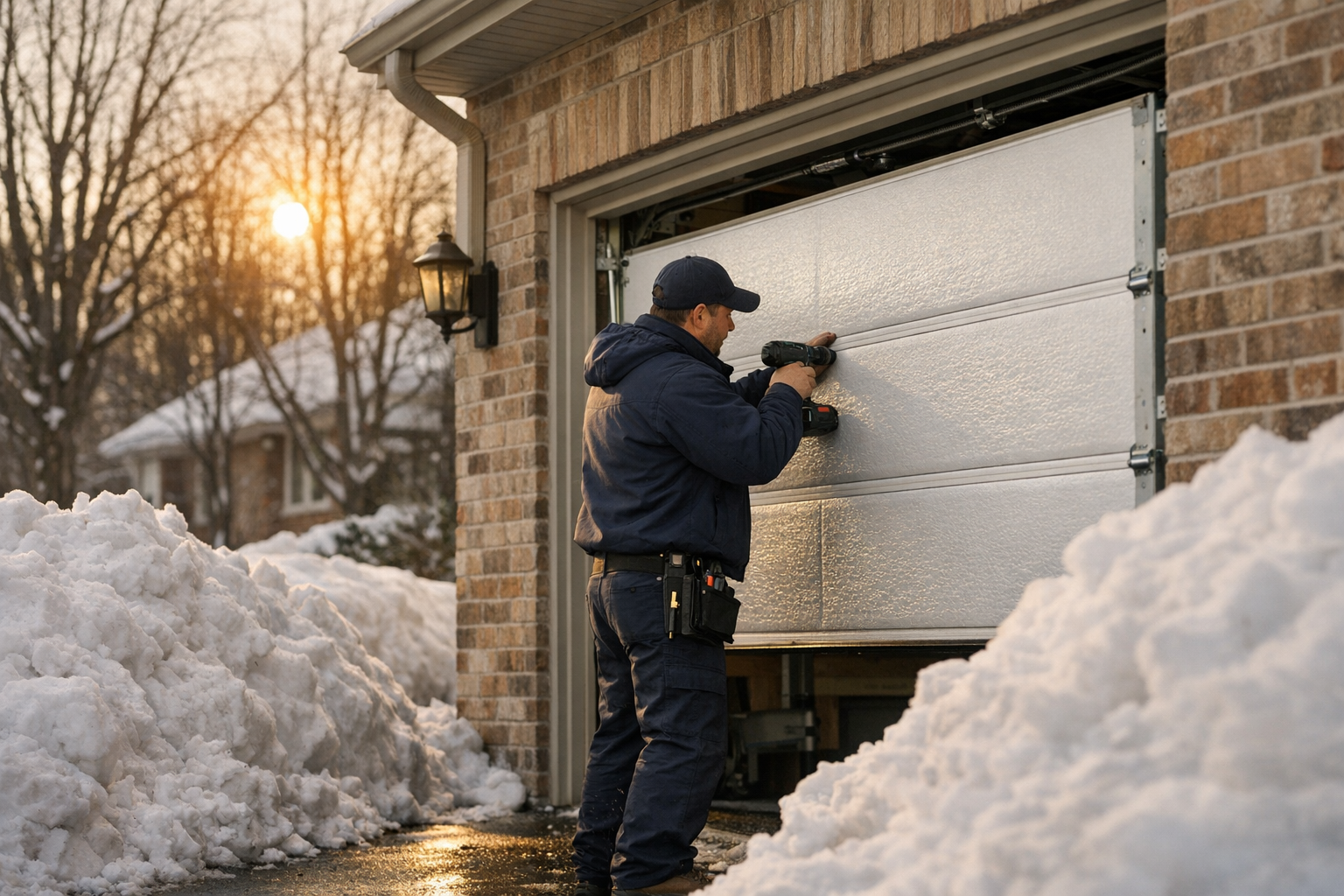 Garage door technician installing a new insulated residential garage door on a Chicago suburb home with deep snow and bare trees in winter