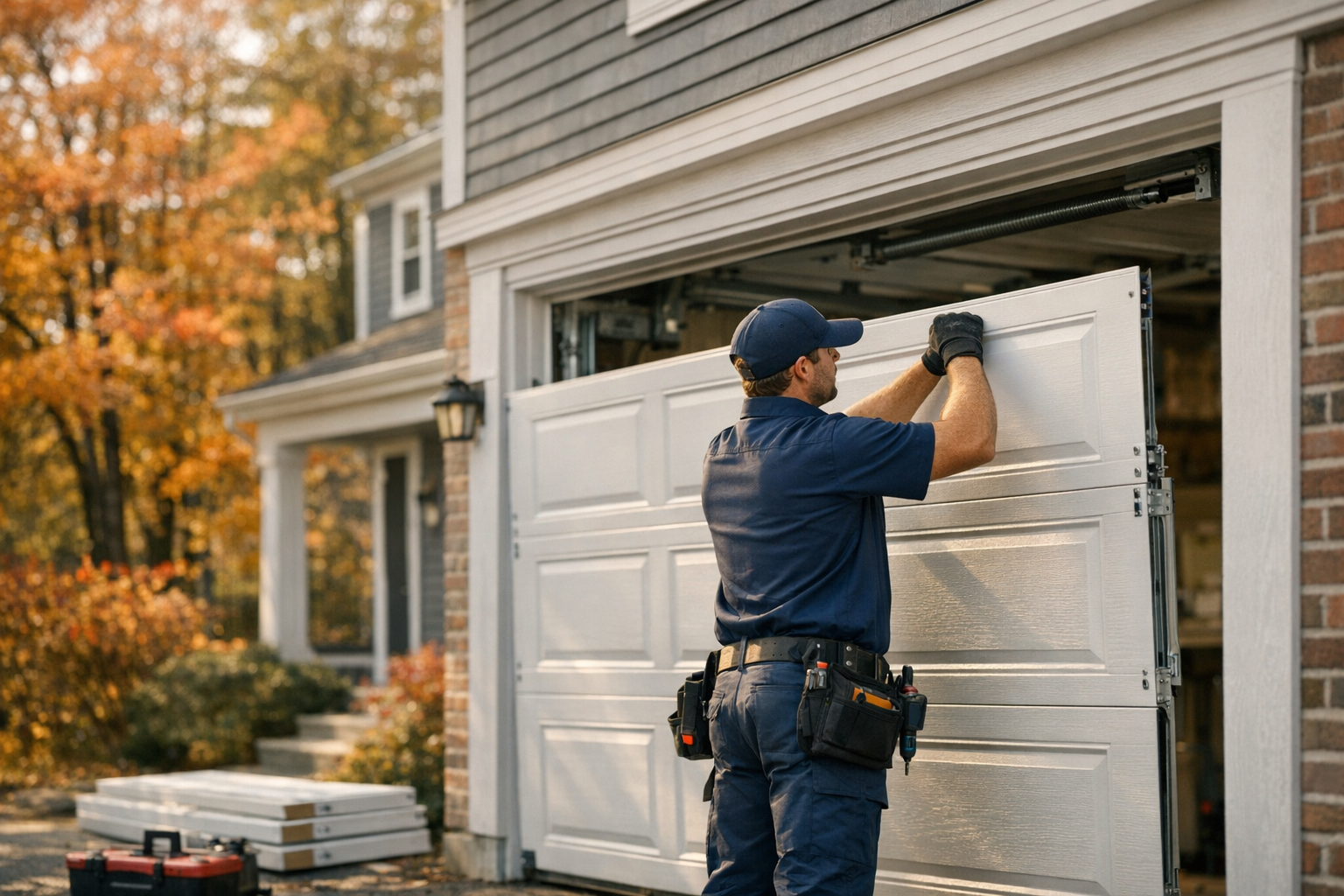 Garage door technician installing a new residential garage door on a New England colonial home in Massachusetts with autumn foliage