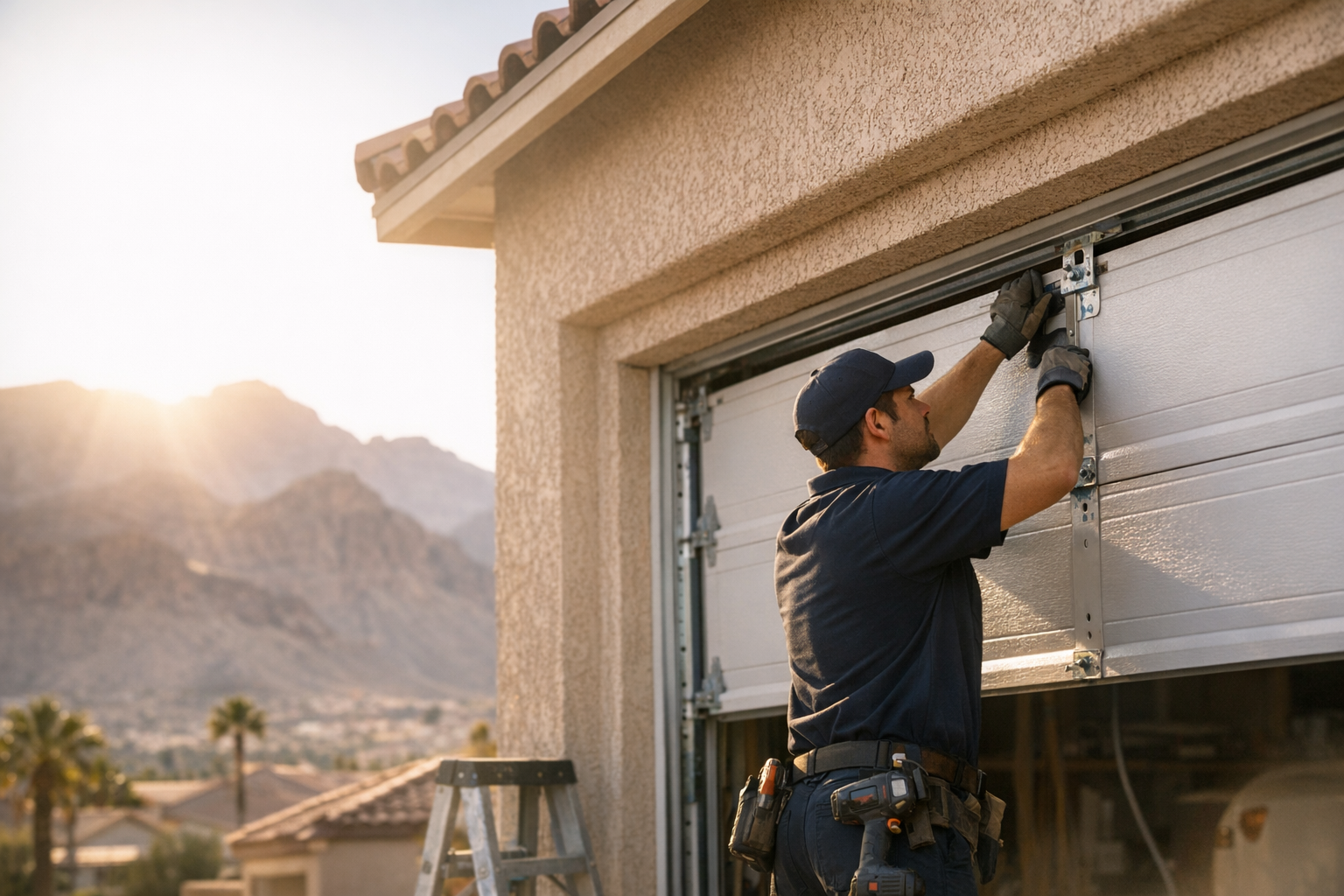 Garage door technician installing a new residential garage door on a Las Vegas Nevada stucco home with desert mountains and bright sun