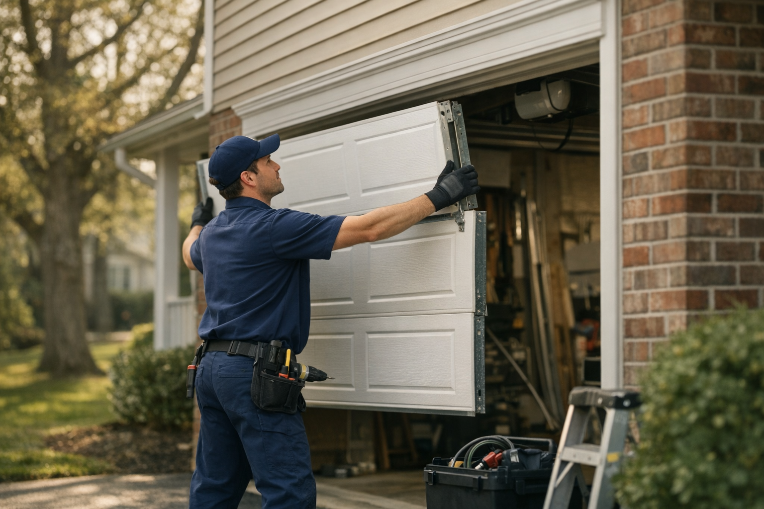Garage door technician installing a new residential garage door on a New Jersey suburban home with mature oak trees and brick facade