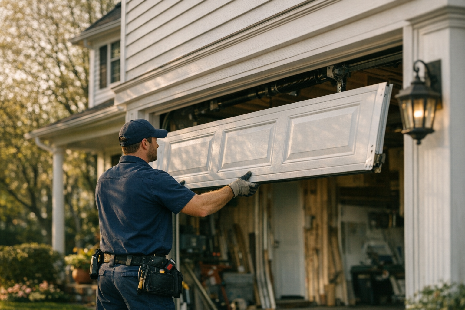 Garage door technician installing a new residential garage door on a Long Island colonial home with mature trees and Northeast spring foliage