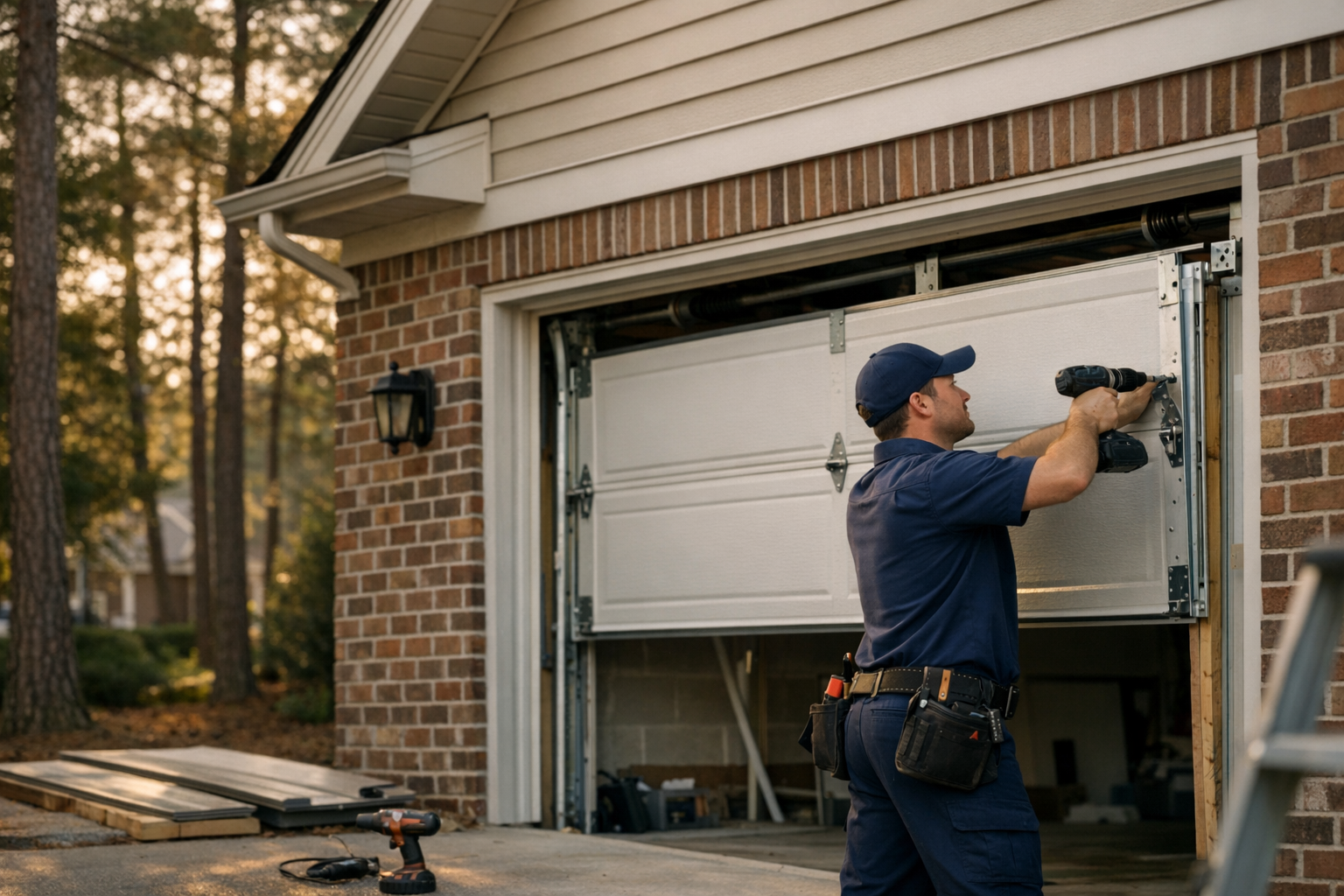 Garage door technician installing a new residential garage door on a Charlotte North Carolina brick-and-siding home with mature pines