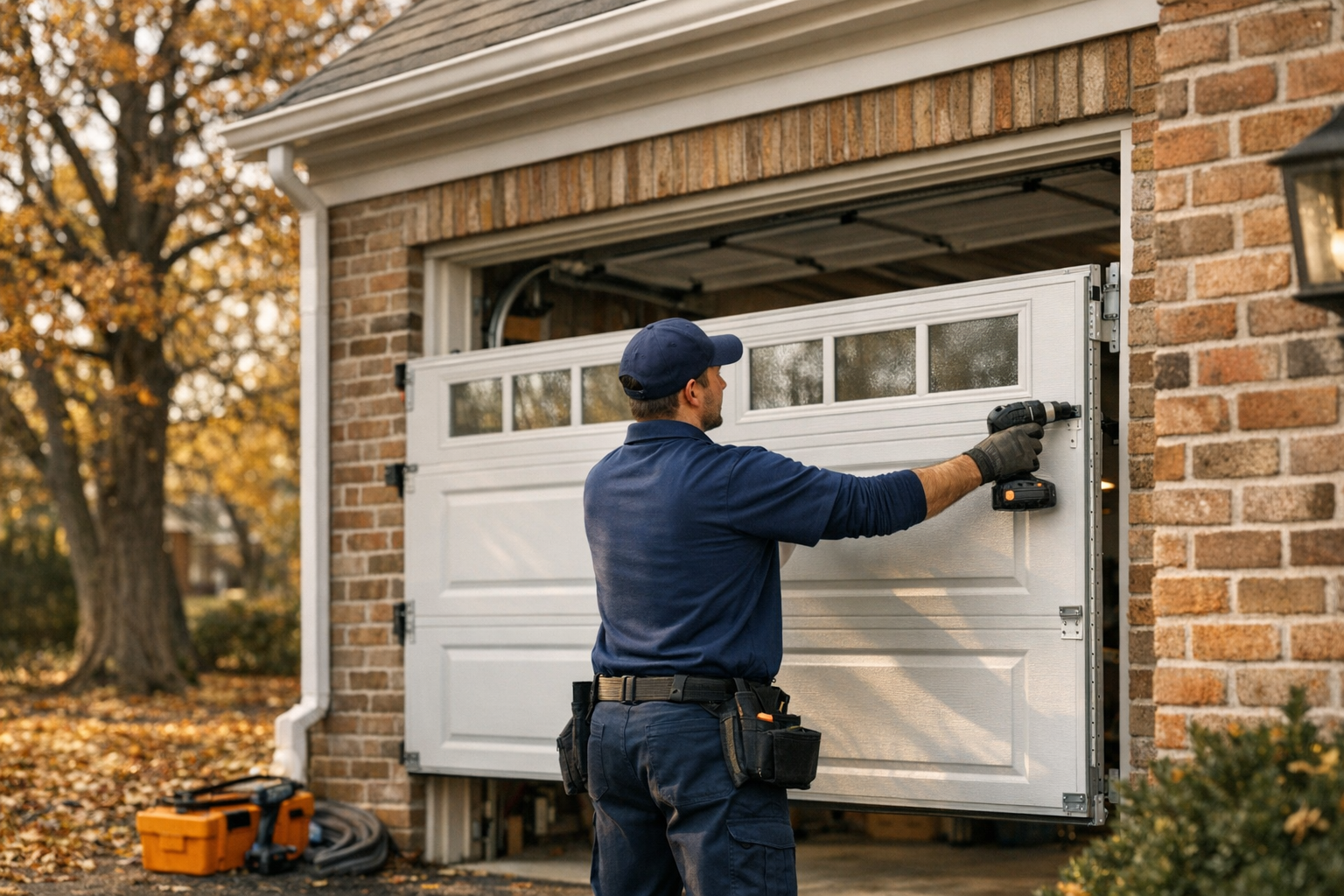Garage door technician installing a new residential garage door on a Columbus Ohio brick colonial home with mature oak trees in autumn