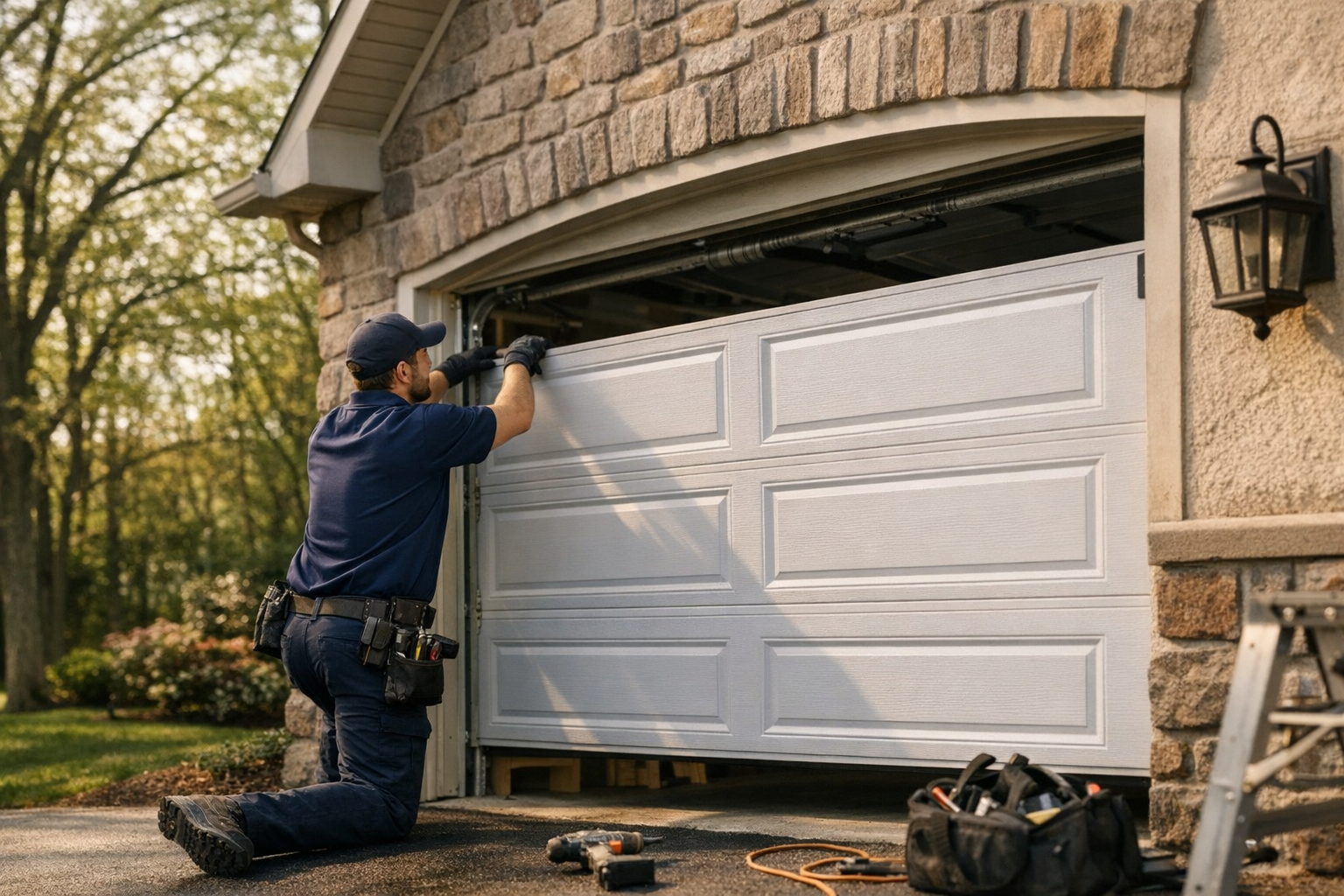 Garage door technician installing a new residential garage door on a Philadelphia suburban stone-and-stucco home with mature deciduous trees