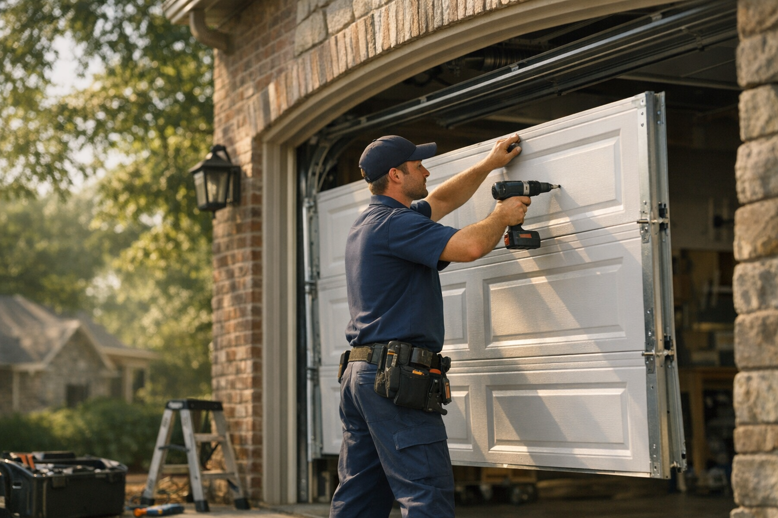 Garage door technician installing a new residential garage door on a Nashville Tennessee brick-and-stone home with mature trees