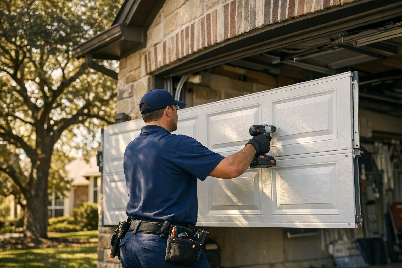 Garage door technician installing a new residential garage door on a Houston Texas brick-and-stone home with mature live oaks