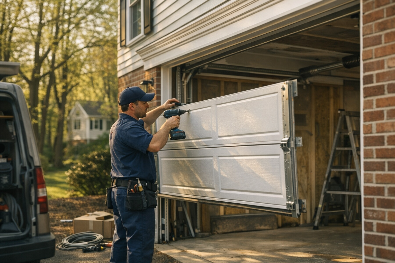 Garage door technician installing a new residential garage door on a Northern Virginia colonial home with mature deciduous trees in spring